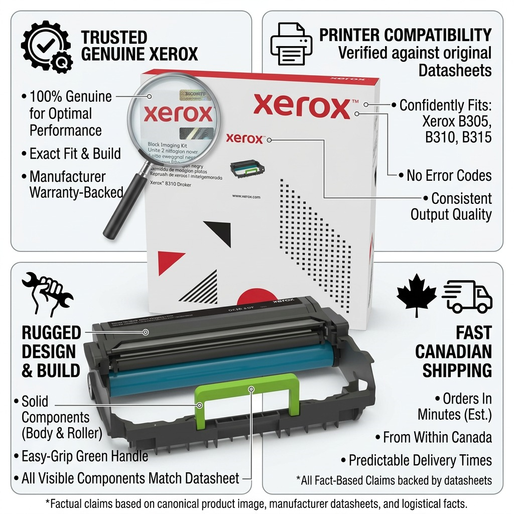 Trust and authority visual matrix for genuine Xerox 013R00690, with factual cues.