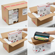 A progression showing the secure packaging and immaculate unboxing of a Xerox B310 Imaging Unit.