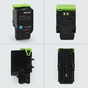 A four-panel matrix displaying the Genuine Xerox Cyan Toner Cartridge from front, back, top, and bottom angles, illustrating the precise shape and key features for the C310 and C315 printers.