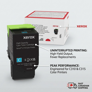Vibrantly colored Xerox 006R04365 Cyan toner cartridge with product benefits emphasized.