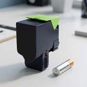 An alkaline AA battery provides a scale reference for the compact magenta toner cartridge on an office desk.