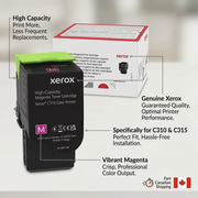 Product graphic: Genuine Xerox magenta high-capacity toner cartridge for C310 & C315 printers with feature callouts.