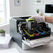 The yellow toner cartridge is securely inserted and locked within its slot inside the open Xerox C310 Color Printer, with the yellow label marking facing upright under soft natural office light.