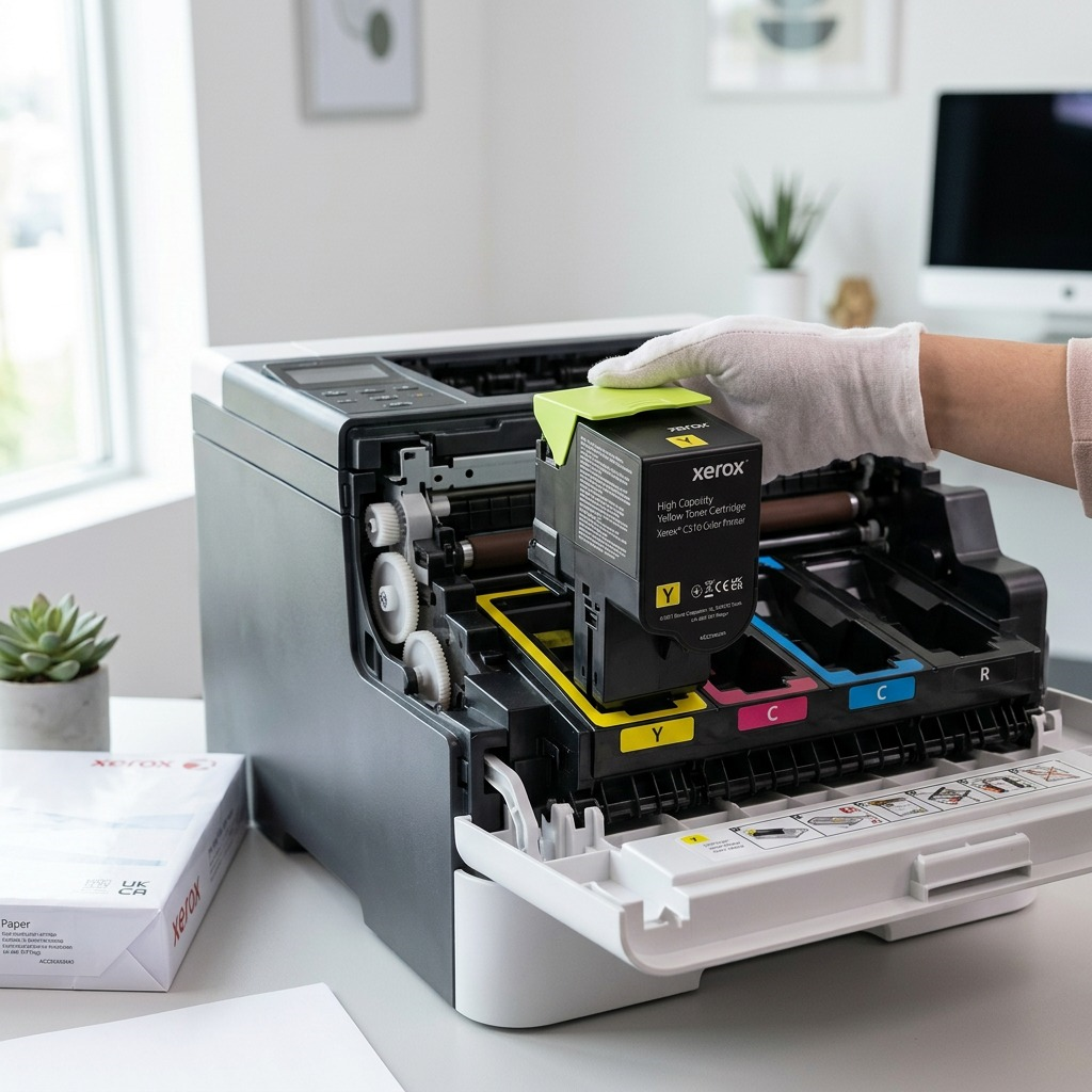 The yellow toner cartridge is securely inserted and locked within its slot inside the open Xerox C310 Color Printer, with the yellow label marking facing upright under soft natural office light.