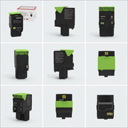 A 3x2 grid of a canonical Xerox high-capacity yellow toner cartridge, viewed from multiple precise angles on a light grey background, featuring the green top piece and Xerox branding.