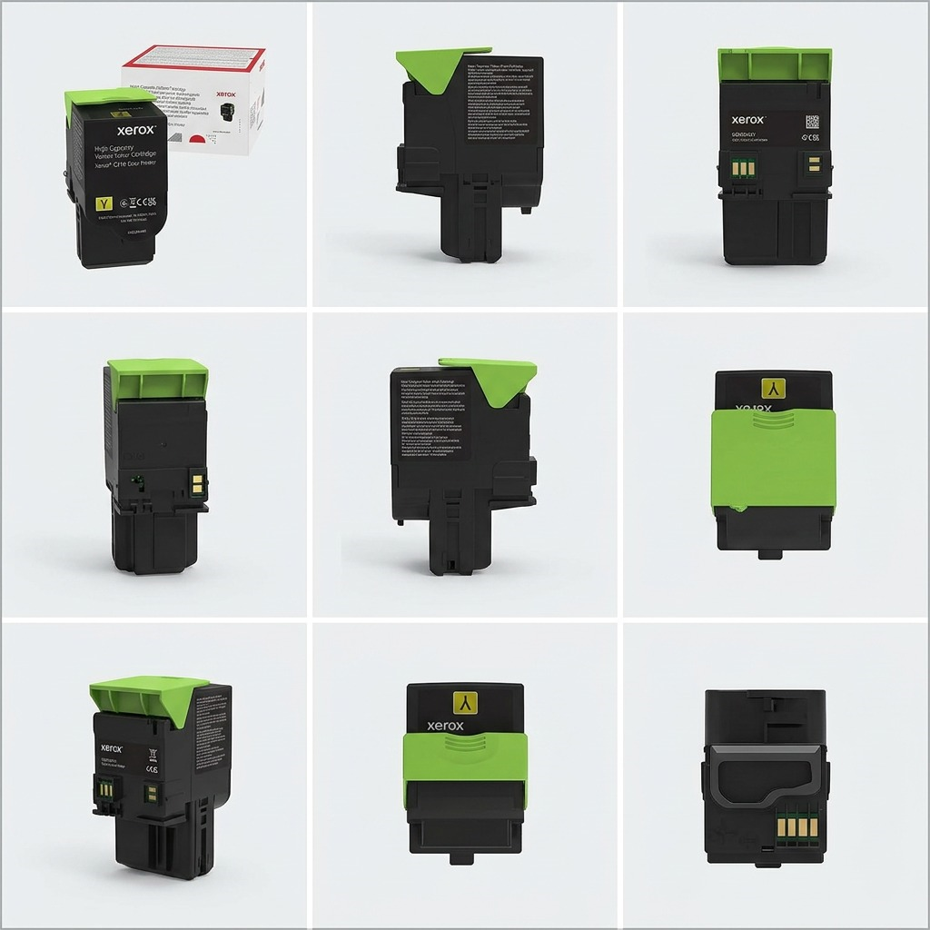 A 3x2 grid of a canonical Xerox high-capacity yellow toner cartridge, viewed from multiple precise angles on a light grey background, featuring the green top piece and Xerox branding.