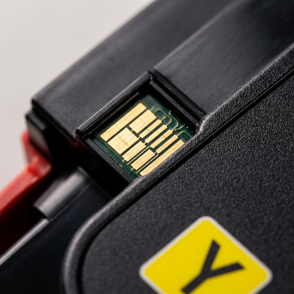 Macro photograph focusing on the data contacts and "Y" icon surface: Extreme close-up.