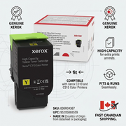 An infographic for Xerox 006R04367 high capacity yellow toner, showcasing its key features and compatibility.