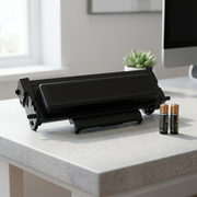 A size comparison photo with a black toner cartridge next to a standard AA battery.