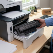 A black Xerox B230/B225/B235 genuine toner cartridge (006R04399) is shown partially installed in a printer's open tray, without packaging, on an office desk.
