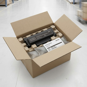 A genuine Xerox 006R04399 black toner cartridge is securely packaged in a well-padded shipping box, assuring safe delivery.