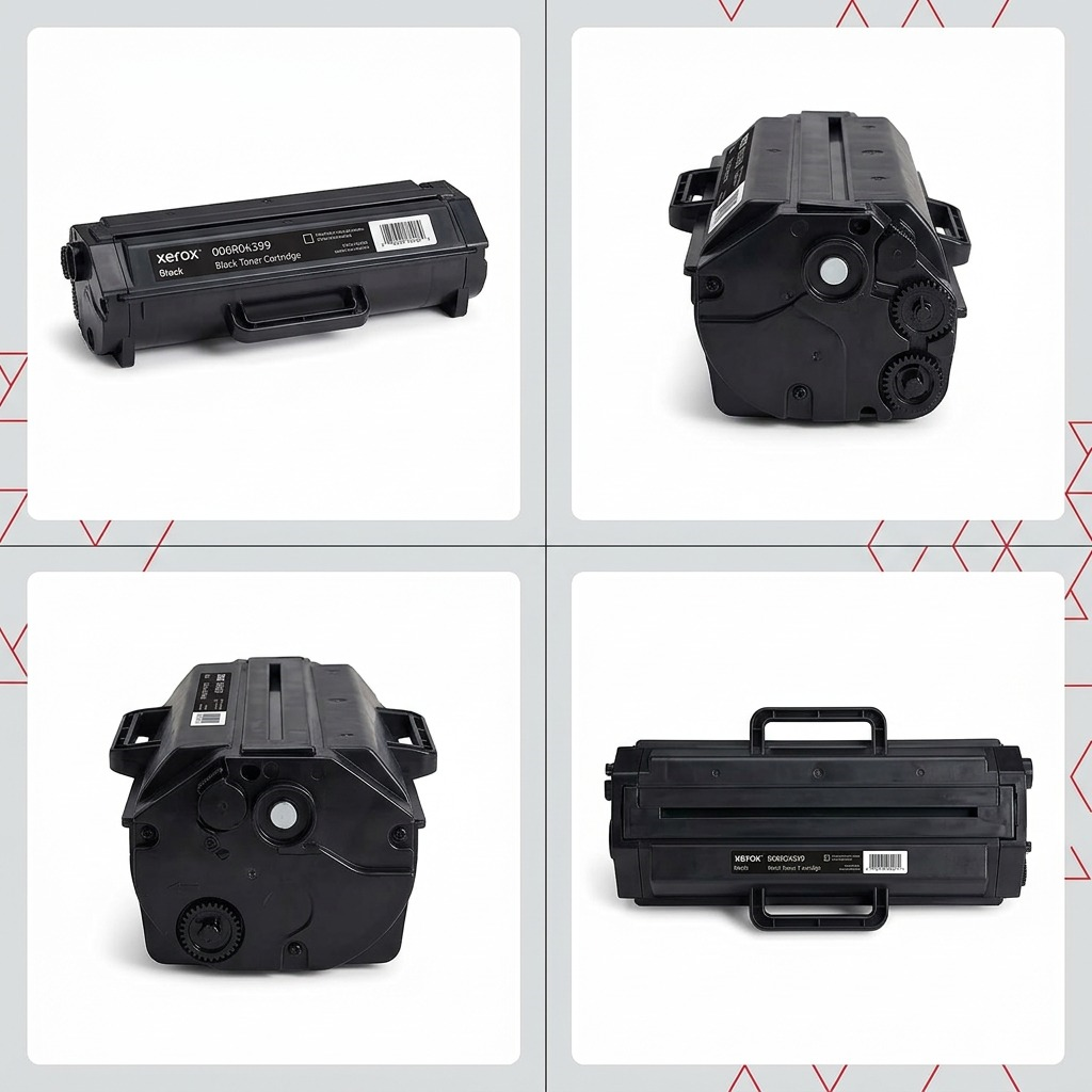 A four-panel grid on a branded background displays the single black Xerox toner cartridge from front, side, angled, and top-down views.