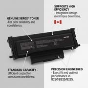 Ecommerce infographic for Xerox 006R04399 toner cartridge, highlighting genuine reliability, standard capacity efficiency, high productivity design, and precision fit with specific printer models. Contains a Canadian flag.