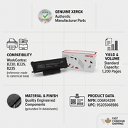 Xerox 006R04399 toner infographic displaying compatibility, 1,200 page yield, authentic parts, Canadian shipping.