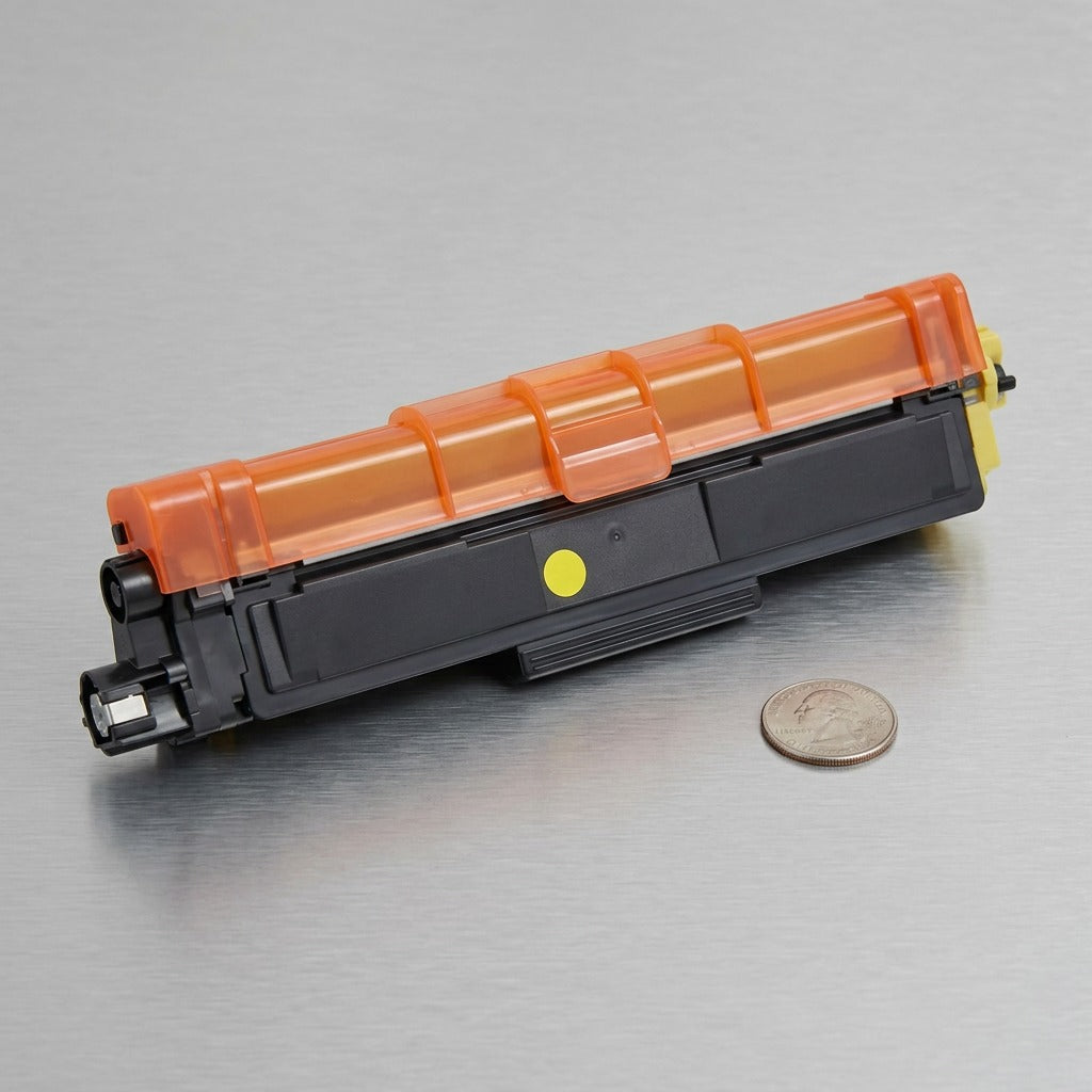 This image displays the Balloon Brand CTTN227Y toner cartridge next to a US 25-cent coin for a clear size comparison.