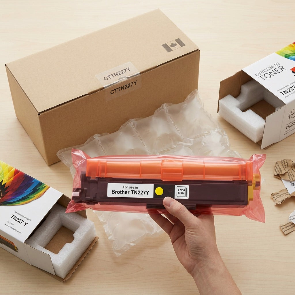 Toner cartridge inside protective shipping box with bubble wrap, showing damaged-free delivery.