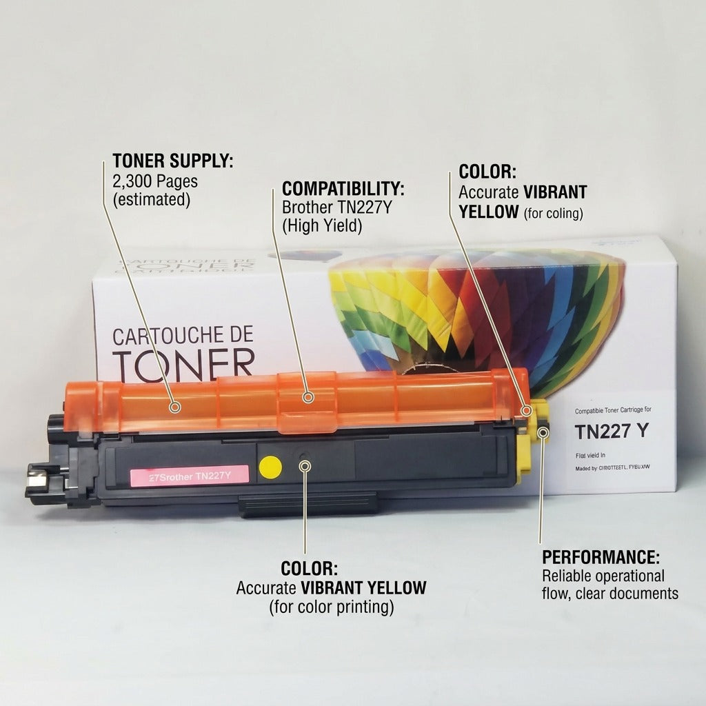A product image with callouts highlighting operational features of the TN227Y yellow toner cartridge.