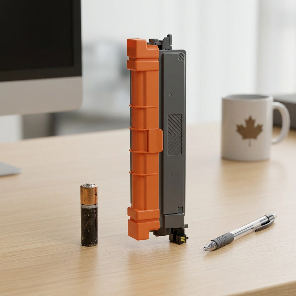 A compatible toner cartridge stands on a desk beside an AA battery and pen for a size comparison.