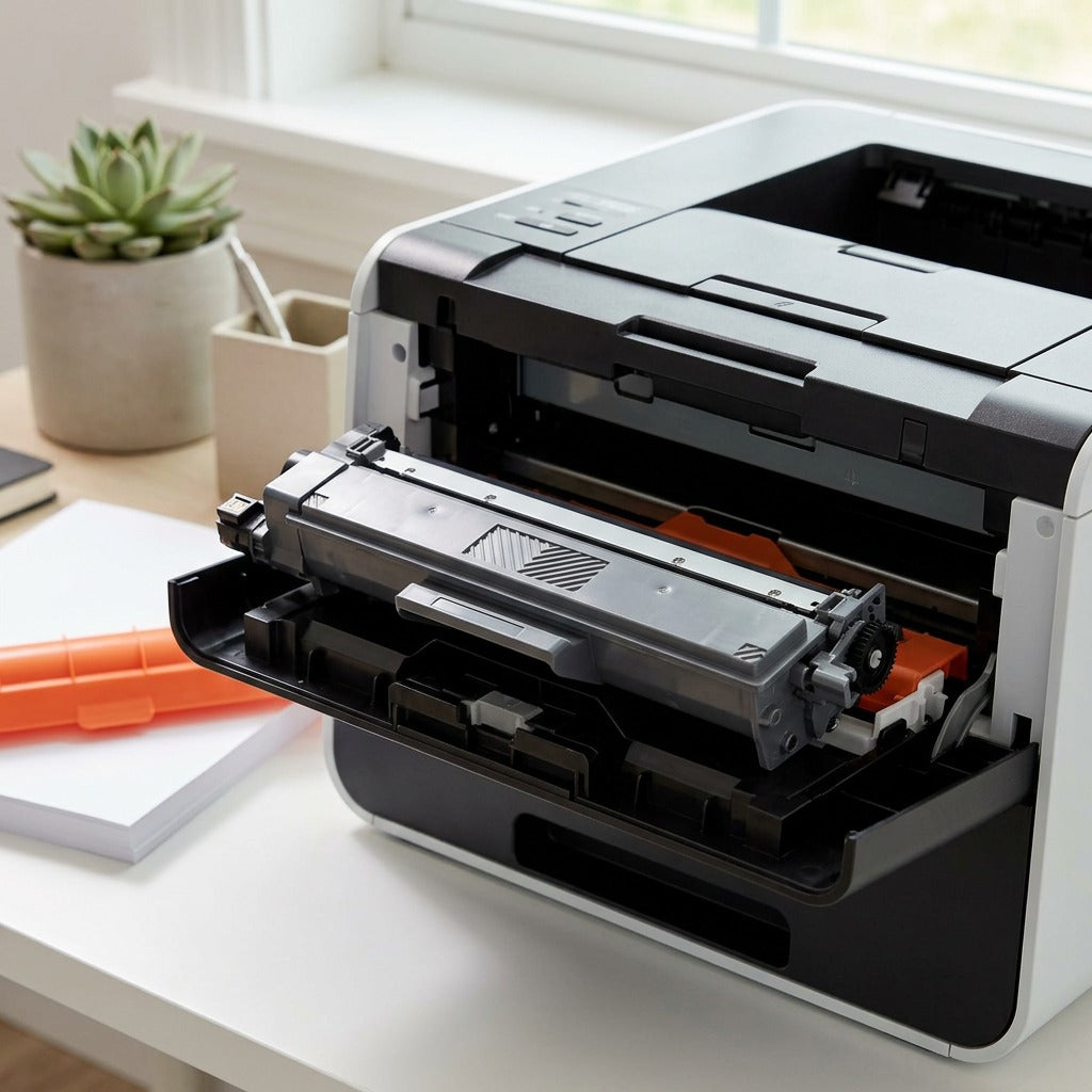 A photograph of the black toner cartridge resting on an open printer drawer.