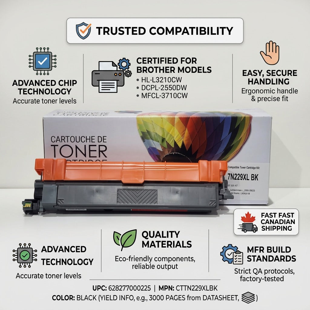 Trust and authority infographic matrix with the CTTN229XLBK black toner and simple factual icon-cues.
