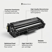 Product feature diagram for TN229XLBK black toner, pointing to key components and performance benefits.