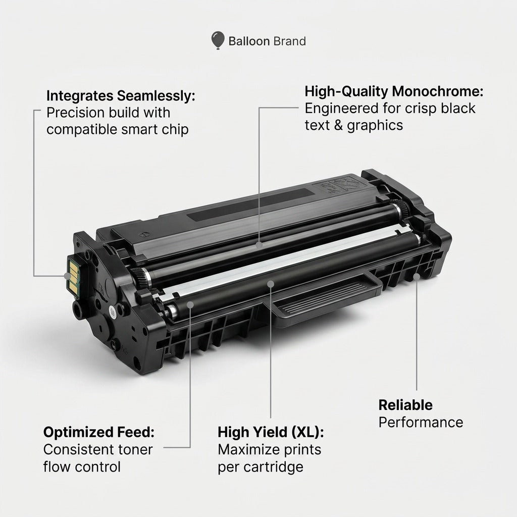 Product feature diagram for TN229XLBK black toner, pointing to key components and performance benefits.