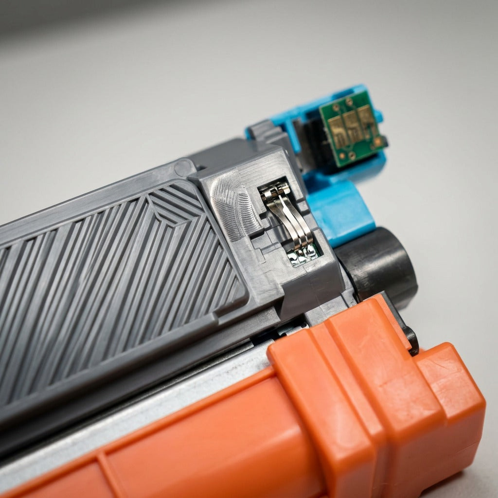 Macro photograph of the compatible Brother TN229XLC cyan toner cartridge contact chip and grey plastic casing.