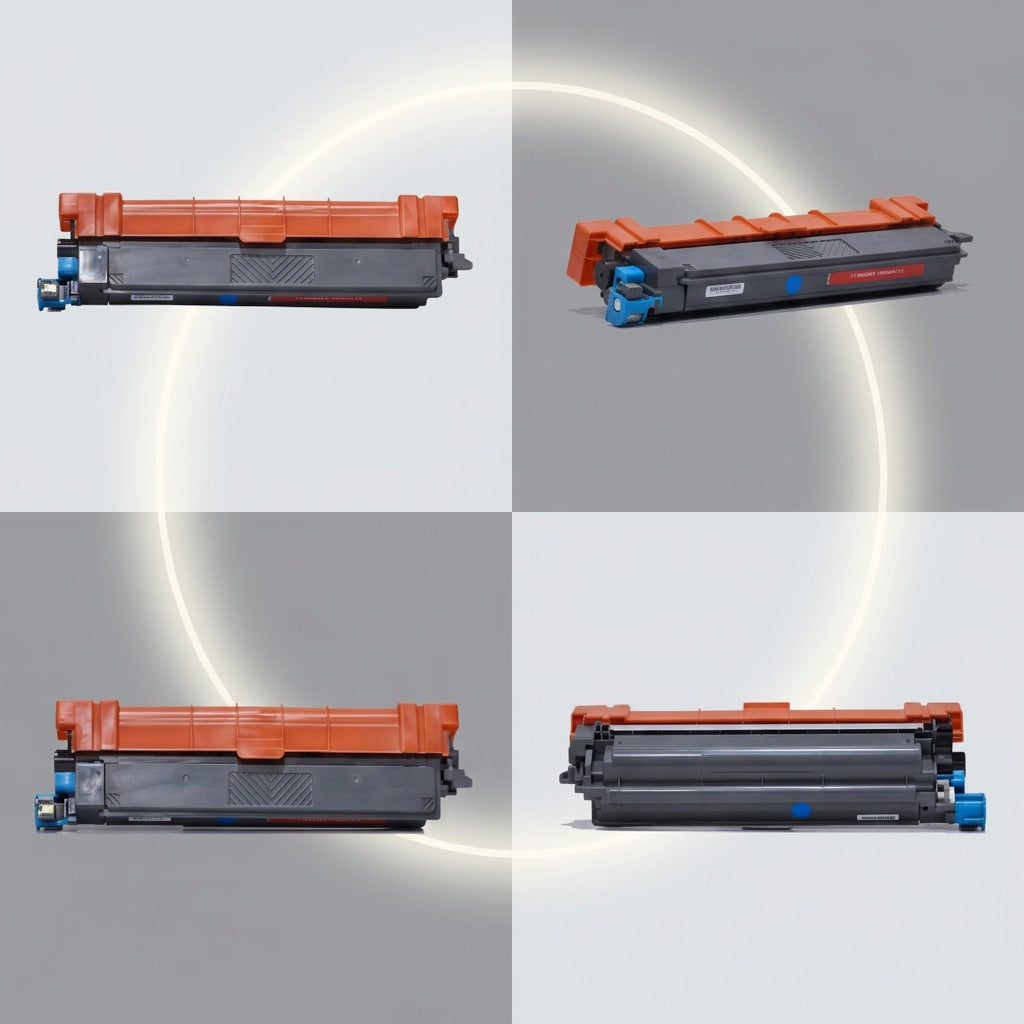 Four view grid matrix of the Balloon Brand Compatible TN229XLC Brother Cyan Toner cartridge.