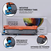 Functional callout visual for TN229XLC cyan toner, highlighting easy-grip tabs, a precision fit structure, and reliable print quality.