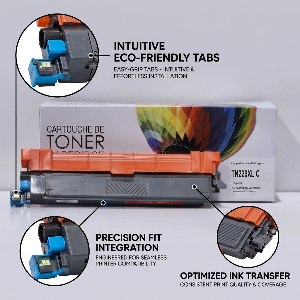 Functional callout visual for TN229XLC cyan toner, highlighting easy-grip tabs, a precision fit structure, and reliable print quality.