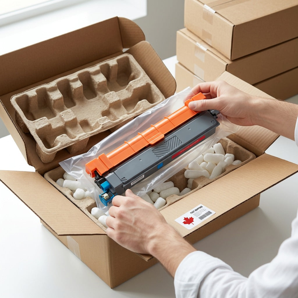 An unboxing scene shows the compatible cyan toner cartridge being lifted safely from a protective foam-lined box.