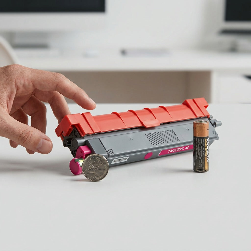 A photo showing the TN229XL M toner cartridge beside a battery, coin, and a hand for scale.