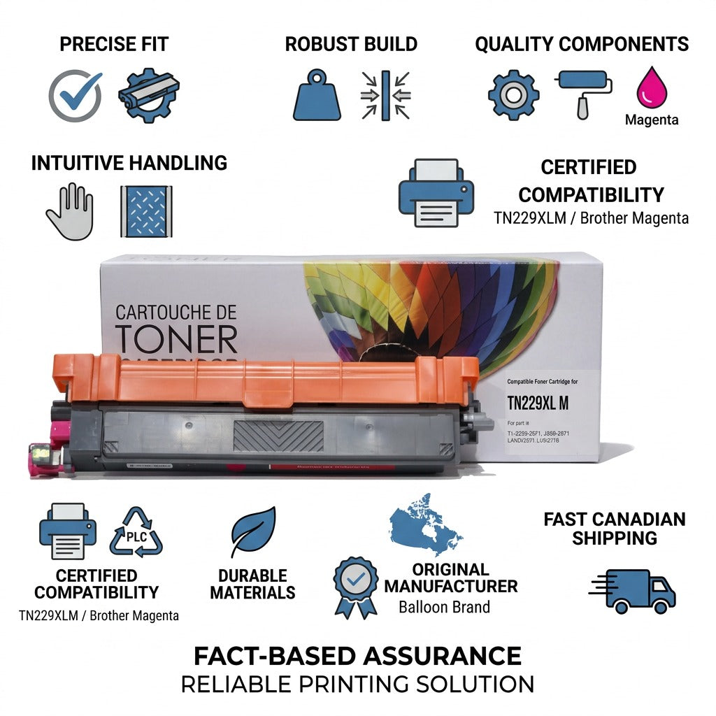 Informational graphic with icons and text highlighting reliable features like precise fit, durable build, and fast Canadian shipping for Balloon Brand TN229XLM Magenta Toner.