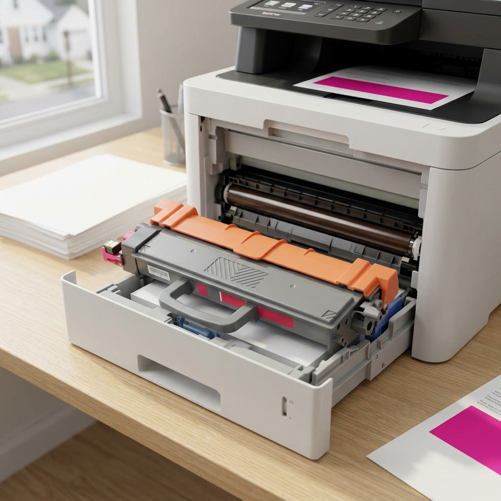 Lifestyle photo of the TN229XLM Magenta toner cartridge placed inside a color laser printer paper tray, natural office lighting.