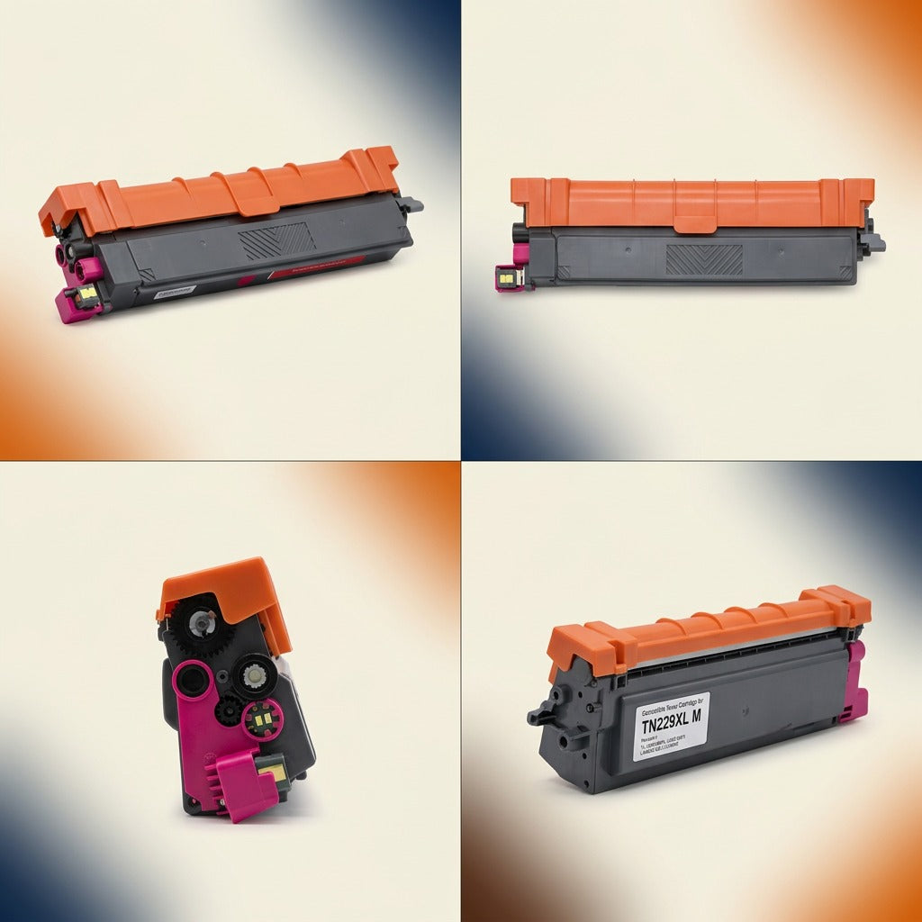 A multi-angle PDP visual matrix showcasing the exact magenta toner cartridge and its packaging.