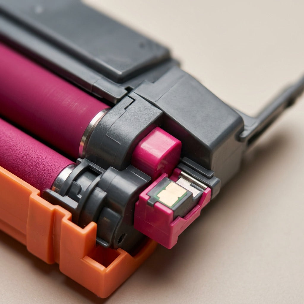 Macro detail focusing on the precision of the TN229XLM Magenta toner cartridge's contact and gears.