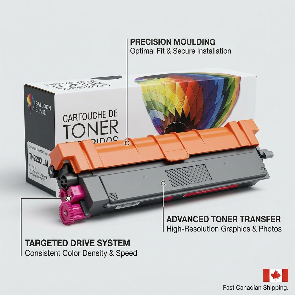 A graphic callout of the Balloon Brand TN229XLM Magenta Toner highlighting operational features.