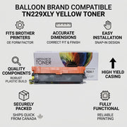 Infographic featuring the Balloon Brand TN229XLY yellow toner cartridge, highlighting features like easy installation and Canadian shipping.