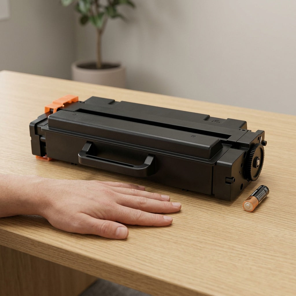 The black toner cartridge for HL4150 rests on a wood desk next to a human hand and battery.