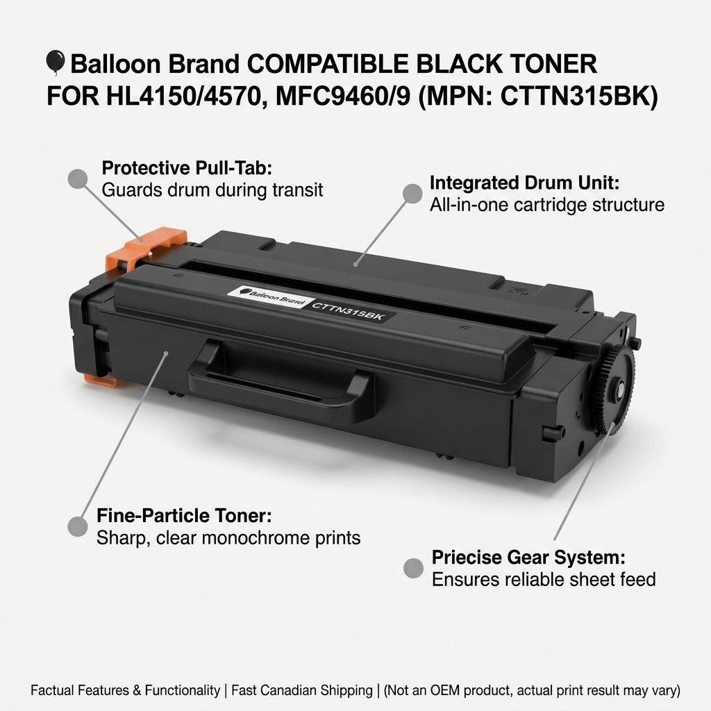 Operational feature callouts for Balloon Brand compatible TN315 black toner cartridge: protective tab, drum, fine toner, gear.
