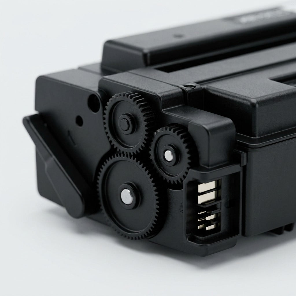 Extreme close-up of the precise mechanical gears and connector contacts on the toner cartridge's side.