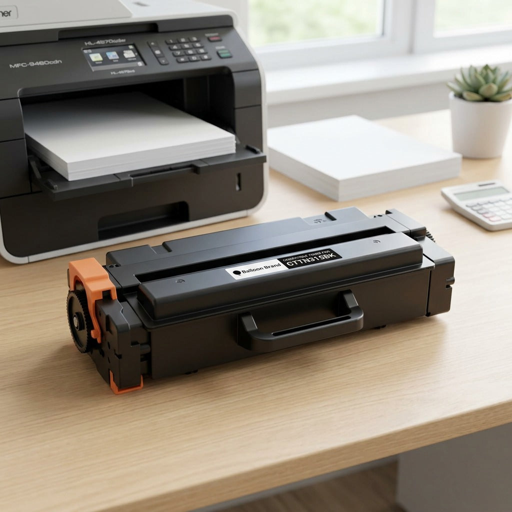 A realistic photo of the CTTN315BK toner, from the product image, sitting by a modern brother printer.
