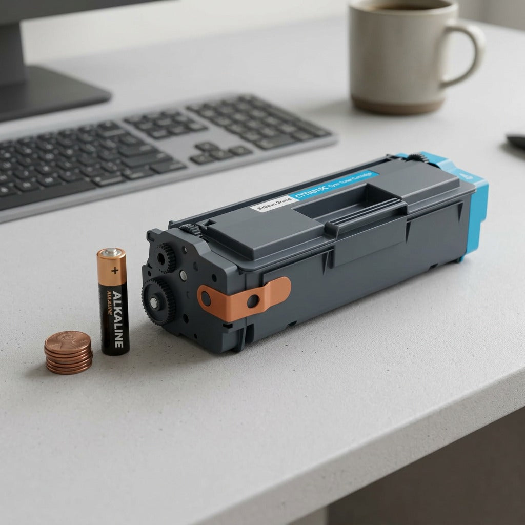 A realistic scale comparison showing the Balloon Brand COMPATIBLE CYAN TONER FOR HL4150/4570 cartridge, as referenced in image_0.png, placed next to a standard AA battery and a stack of three pennies on a clean desk.