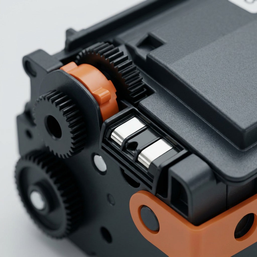 Macro photo of gear mechanism and contacts on cyan toner cartridge CTTN315C.