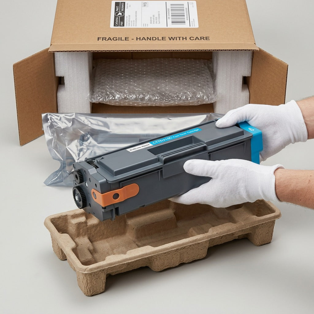 An image demonstrating one compatible cyan toner cartridge being lifted with two hands from dense protective pulp packaging.