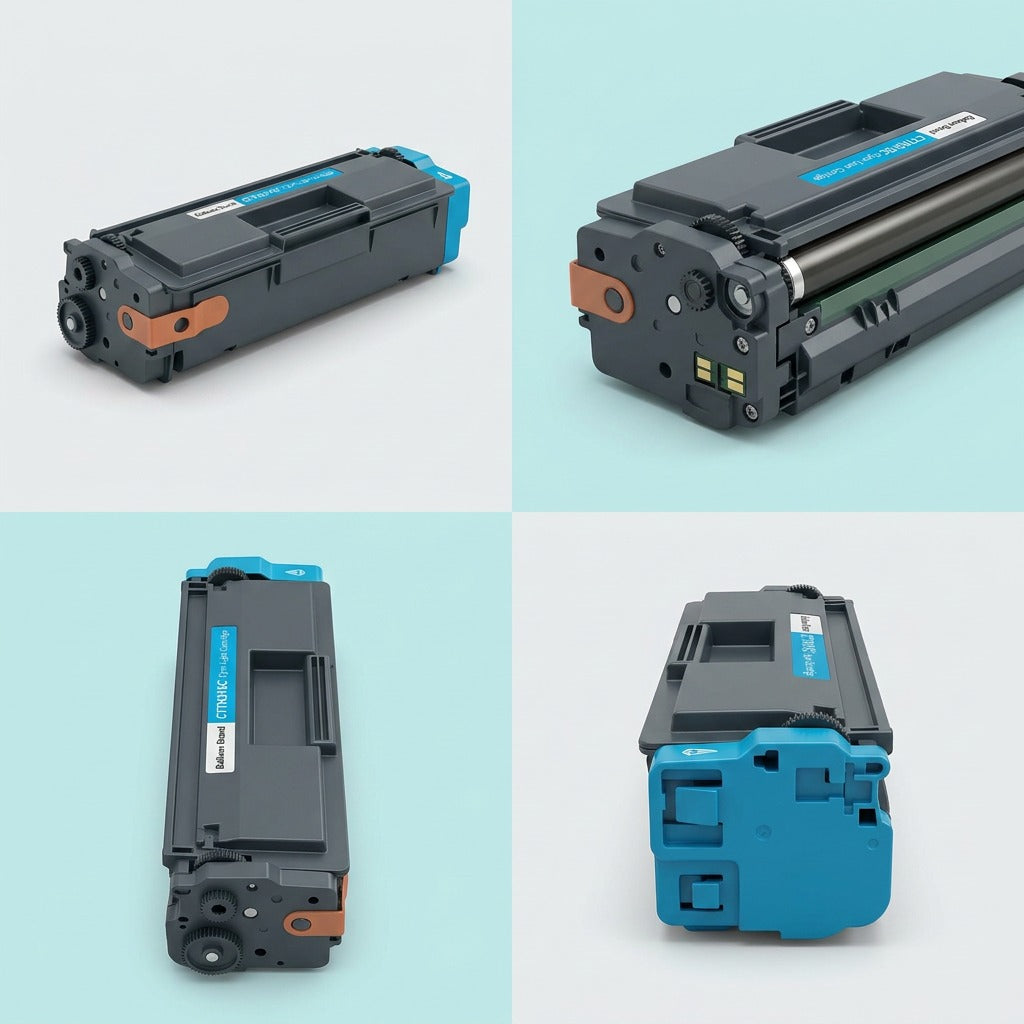 A four-panel grid display showing detailed, multi-angle views of the specific cyan laser toner cartridge.