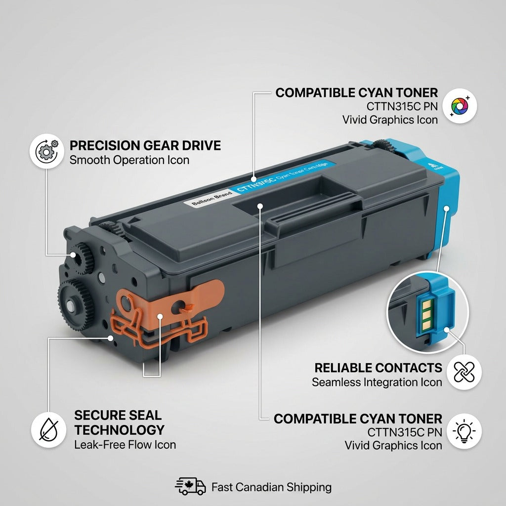 Product graphic highlighting operational features for CTTN315C cyan toner with pointers to gears, seals, and contacts.