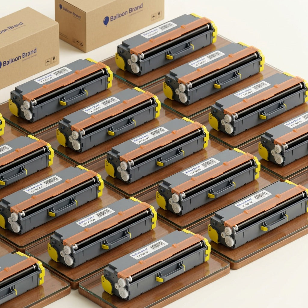 An intricate isometric layout showcasing the multi-pack configuration for the Balloon Brand toner, each in its distinct plastic wrapper against an eco-themed background.