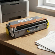 Lifestyle shot of Balloon Brand CTTN315Y toner on a modern office desk, next to a laser printer and documents.