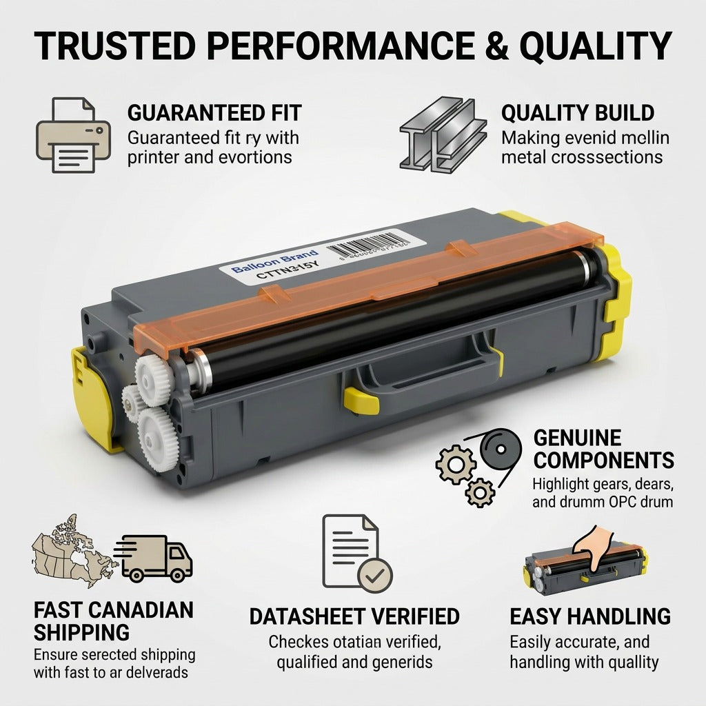 A detailed infographics showing a Balloon Brand CTTN315Y toner cartridge surrounded by trust cues.